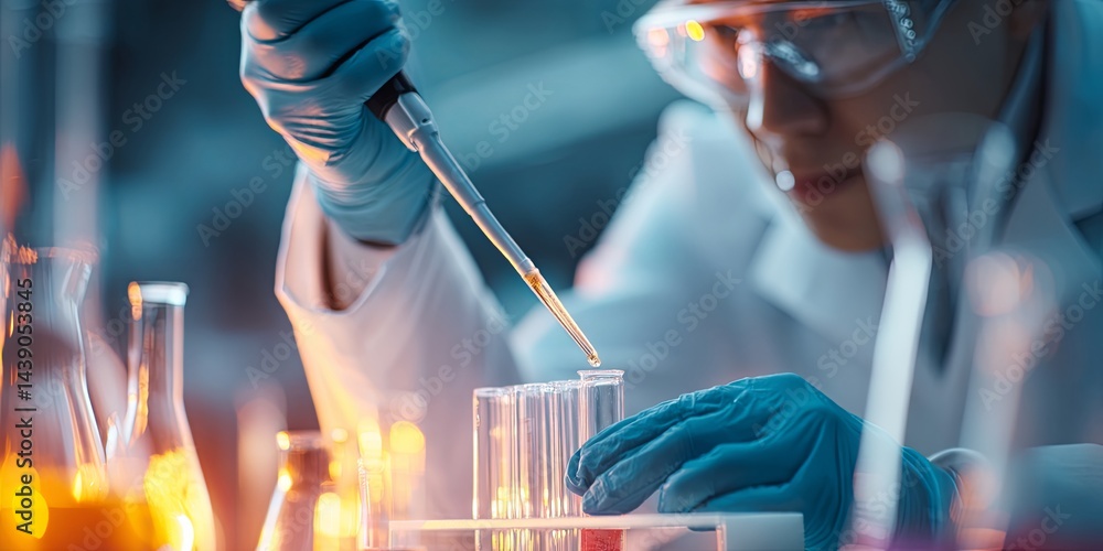 Poster Laboratory Researcher Conducting Experiments with Pipette in Modern Science Laboratory Setting with Beakers and Test Tubes