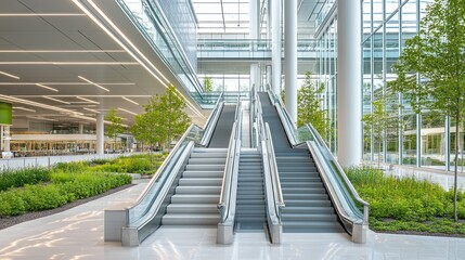Fototapeta premium Modern office interior with escalators and greenery