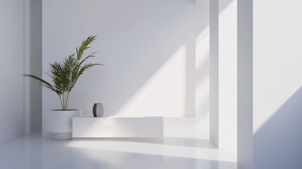 A minimalist interior scene featuring a potted plant and a vase with white walls and light casting shadows