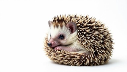 Obraz premium Tiny hedgehog, curled in a ball, on pure white background, simple, adorable