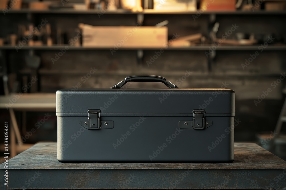 Poster dark gray metal toolbox sits on a worktable in a workshop setting.