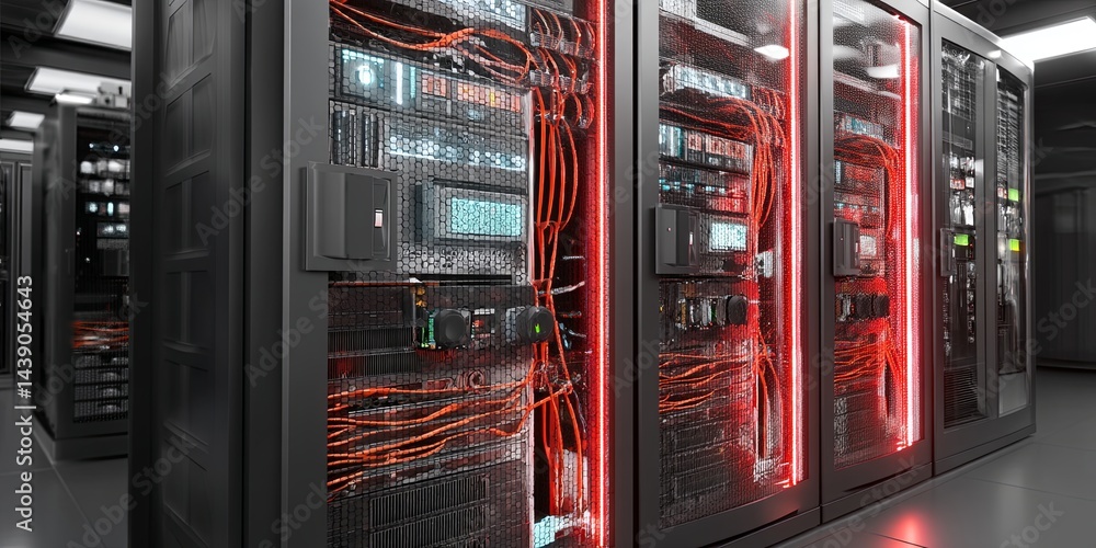 Fototapete high-tech server rack with led indicators and cables: modern data center technology for cloud comput