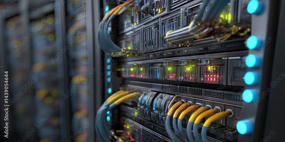 Leinwandbilder high-tech server rack with led indicators and cables: modern data center technology for cloud comput