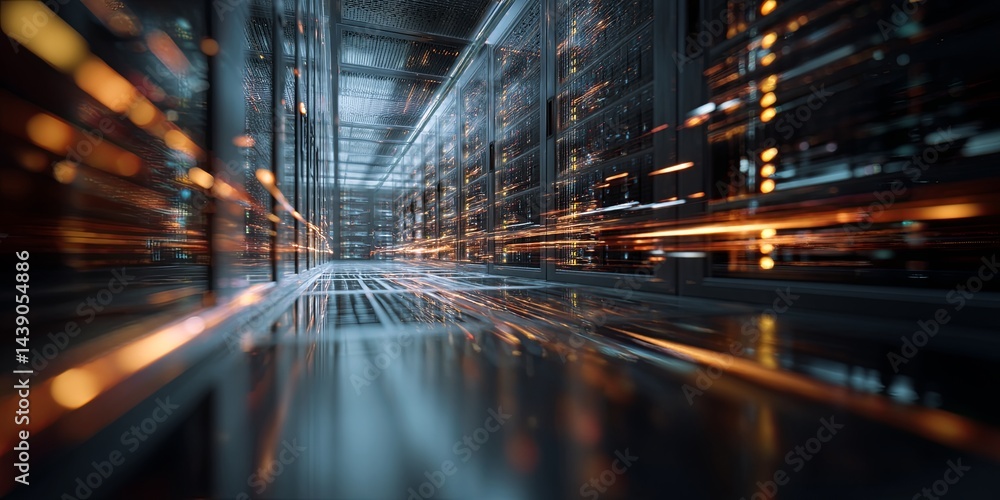 Poster Abstract digital technology background featuring glowing data streams and illuminated server racks representing modern data processing and storage solutions