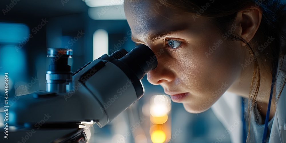 Poster Young Female Scientist Analyzing Samples through Microscope in Modern Laboratory Setting with Innovative Technology and Focused Expression