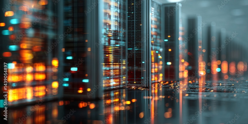 Fototapete Abstract digital technology background featuring glowing data streams and illuminated server racks representing modern data processing and storage solutions