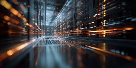 Fototapeta premium Abstract digital technology background featuring glowing data streams and illuminated server racks representing modern data processing and storage solutions