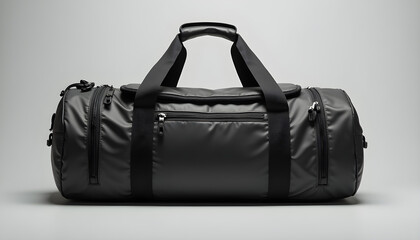 A black duffel bag on a gray background.
