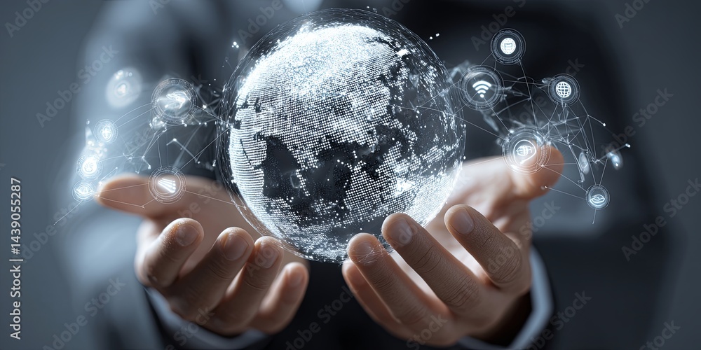 Poster Businessman holding digital devices with holographic globe and networking icons symbolizing technology, communication, and global connectivity in modern world