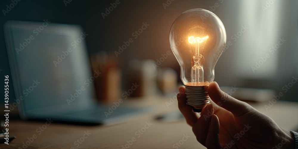 Poster innovative concept of creativity and technology featuring a glowing light bulb held by a person with