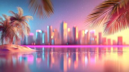 Summertime, retro, cityscape: City skyline with retro summer beach overlay, palm leaves, glowing colors.