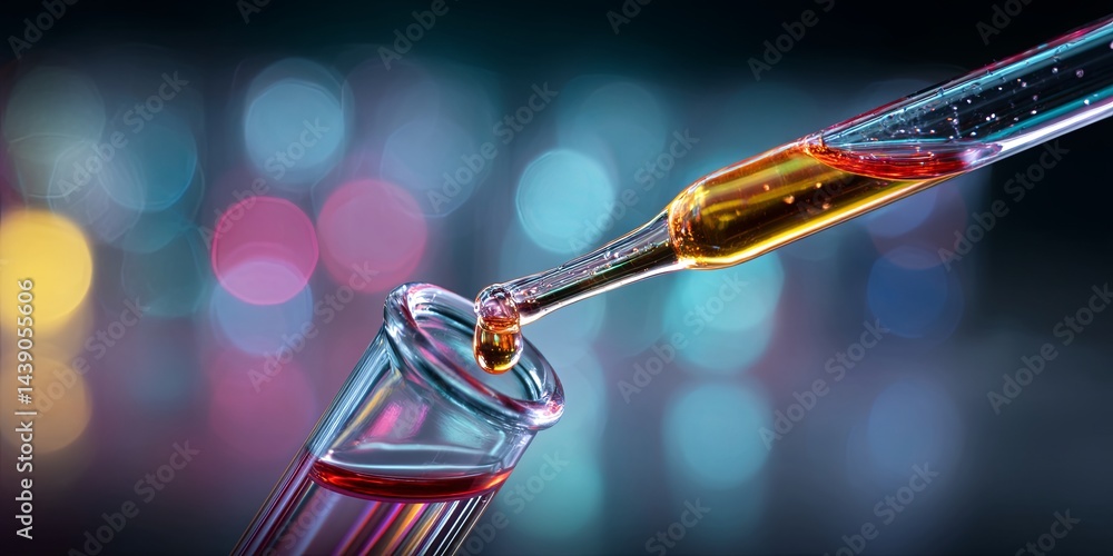 Poster close-up image of a dropper releasing liquid into a test tube with colorful bokeh effects in a labor