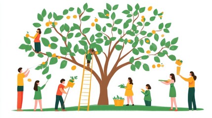 People Harvesting Fruits from a Lush Green Tree in a Bright and Cheerful Setting