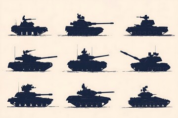 Fototapeta premium Nine tank silhouettes arrayed in grid formation on cream background illustration