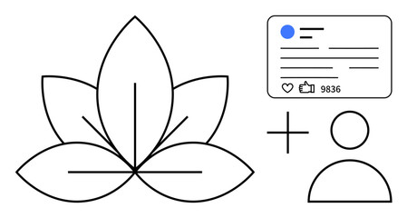 Minimalist lotus leaf, user profile card with engagement metrics, and person icon. Ideal for wellness, mindfulness, social media, digital identity, balance, branding simple landing page