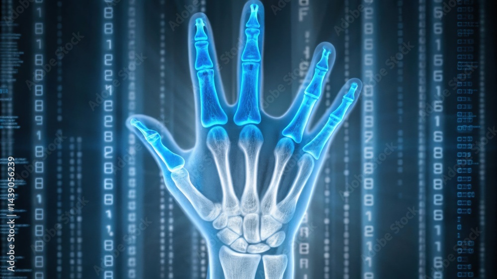 Poster abstract gradient science technology and medical. translucent hand against a digital backdrop, symbo
