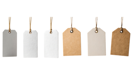 Set of Blank tags hanging on strings against a dark background.