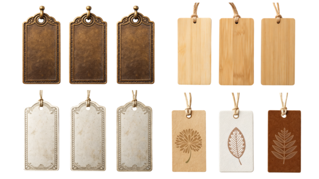 Set of Decorative tags in various materials and designs on a dark background.