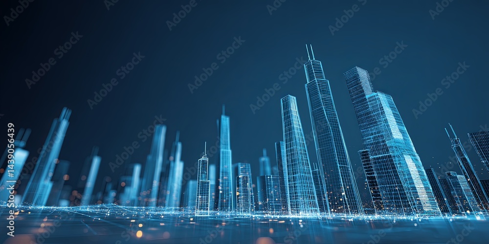 Aufkleber abstract urban skyline with wireframe concept, futuristic architecture visualization, modern city la