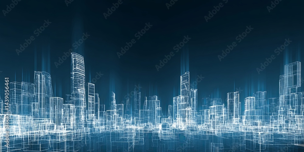 Poster abstract urban skyline with wireframe concept, futuristic architecture visualization, modern city la