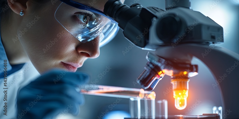 Poster female scientist in laboratory conducting research with microscope and test tubes in modern science 