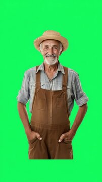 Country Wisdom:  A weathered farmer, clad in overalls and a straw hat, stands with a warm smile, exuding wisdom and years of experience. His weathered hands, deeply rooted in the land.