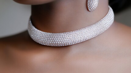 Wearing Diamond Choker and Earring Adding Sparkle to Elegant Style