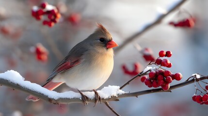 Female Cardinal Bird Perched on Snowy Branch with Red Berries in Winter