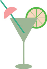 Colorful line art of a tropical drink in a margarita glass with lime , in a minimalist style on transparent background.
