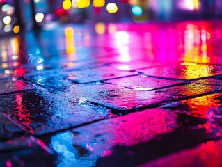 Wet pavement reflects colorful lights at night.