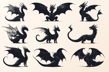 Collection of nine black dragon silhouette illustrations with different poses and wing styles