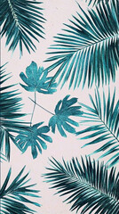 Lush green palm leaves create vibrant tropical atmosphere, showcasing various shades of teal against soft background. This evokes sense of relaxation and nature beauty
