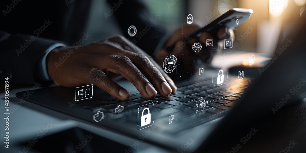 Poster Business professional using laptop and smartphone with digital security icons, representing modern technology and cybersecurity concepts in workspace