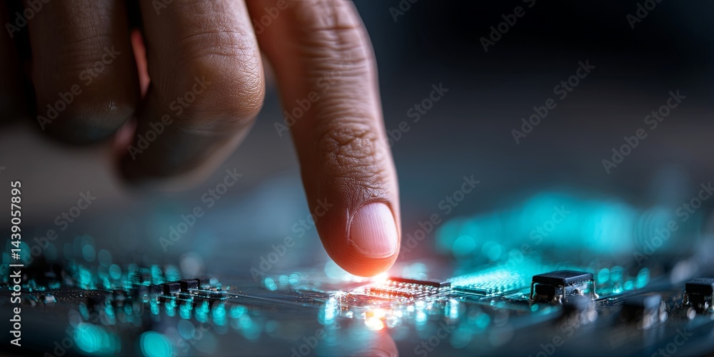 Aufkleber Human Hand Interacting with Futuristic Circuit Board Interface Representing Artificial Intelligence Technology and Digital Connectivity