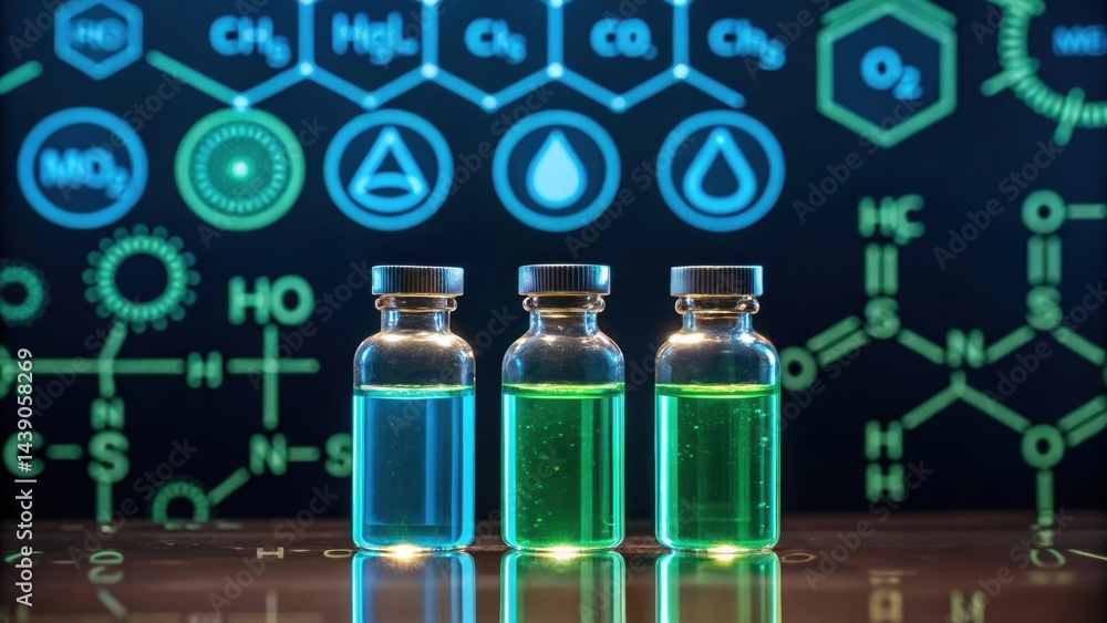 Poster abstract gradient science technology and medical. three vials with colored liquids against a backdro
