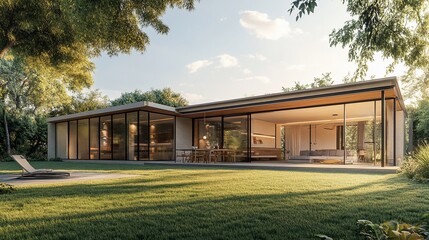 Modern minimalist house with expansive glass walls surrounded by lush greenery