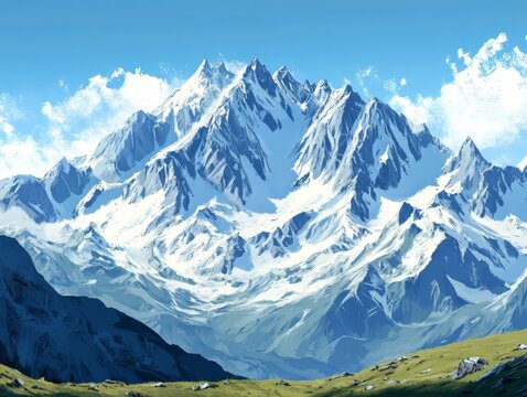 A picturesque scene of a snow-capped mountain range under a clear blue sky.