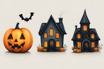 Halloween illustration featuring jack o lantern bat and spooky houses