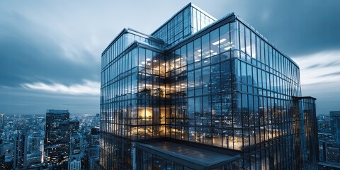 Modern Office Building Facade Overlooking Urban Skyline with Glass Windows and Reflections in a Contemporary City Environment