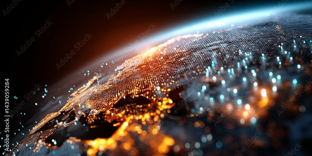 Poster Digital Earth with Binary Code Overlay, Connecting Global Technology and Data in Futuristic Representation of the Digital Universe