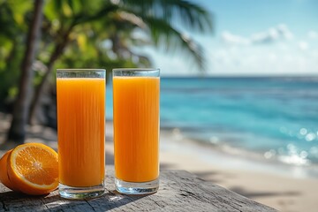 Two glasses of fresh orange juice at a tropical beach getaway