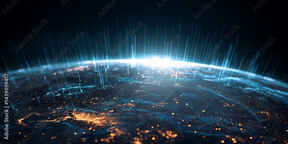 Poster Stunning Digital Globe with Binary Code and Radiant Light Beams Emphasizing Global Connectivity and Information Technology in a Modern World