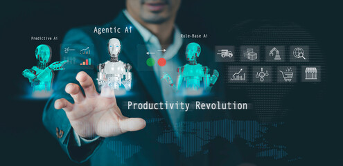 Productivity Revolution, Businessman using  Agentic AI tools analyzing data with innovative efficiency time management, fostering enhancing productivity, technology, and futuristic solutions