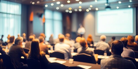 Engaging Business Presentation in Modern Conference Room with Audience Focused on Speaker Giving Insightful Information about Industry Trends