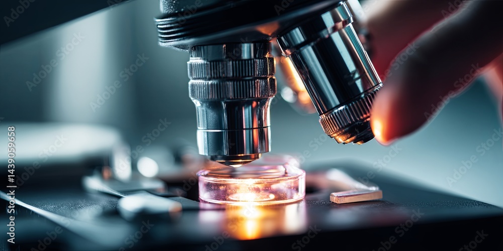 Poster Close-Up of a Scientist Using a Microscope in a Laboratory for Research and Analysis of Samples in a Modern Medical Environment