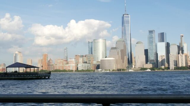 New York City waterfront skyline, Manhattan Downtown Financial district, World Trade Center building, riverfront skyscrapers. From Paulus Hook, New Jersey. United States architecture. Hudson river.