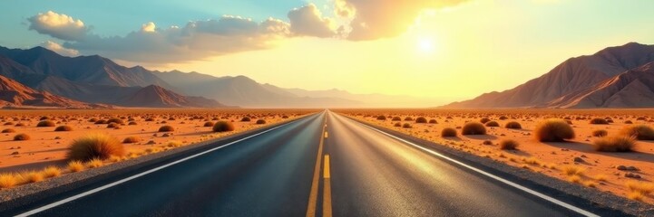 Fototapeta premium Endless desert highway vanishes into hazy horizon Sun-baked asphalt, distant mountains , texture, sky