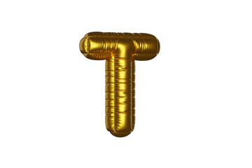 gold Metal Balloon English Alphabet Letter T white background. 3d Rendering