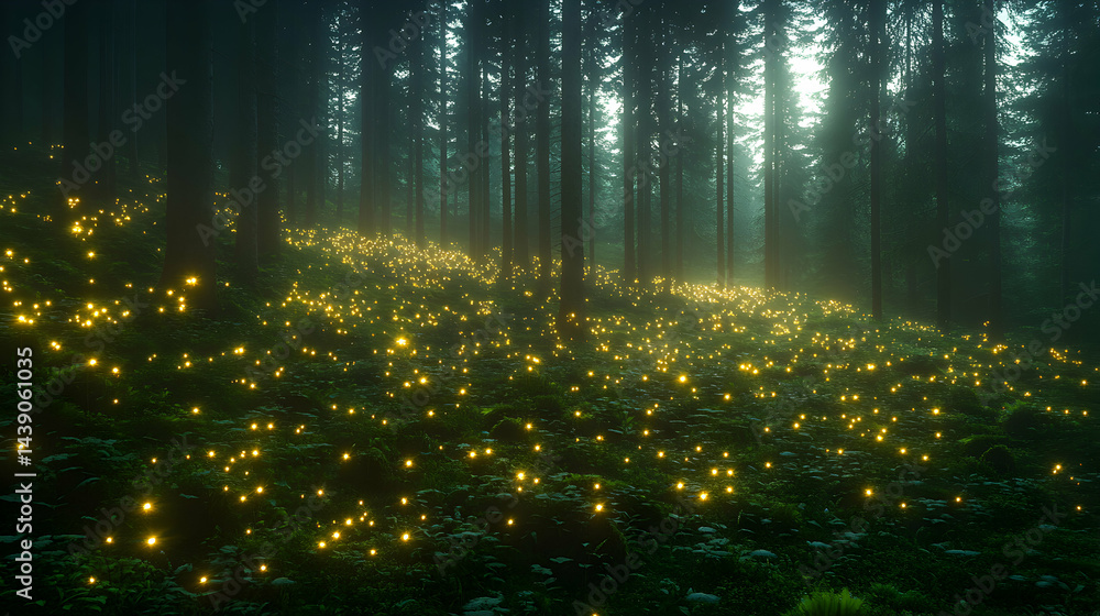 Poster enchanting fireflies illuminate a mystical forest floor, casting a magical glow amidst towering tree
