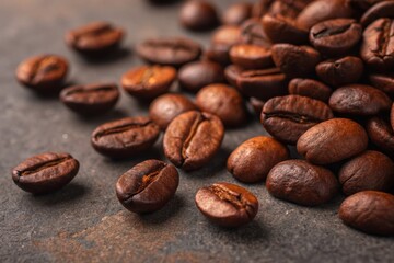 Obraz premium Umber color background, Warm umber backdrop featuring close-up coffee beans in rich mahogany hues with scattered tones of chestnut and hazelnut.